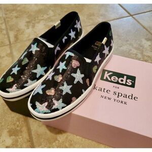 Keds x Kate Spade Double Decker Black Sequin Star Heart Slip On Sneakers